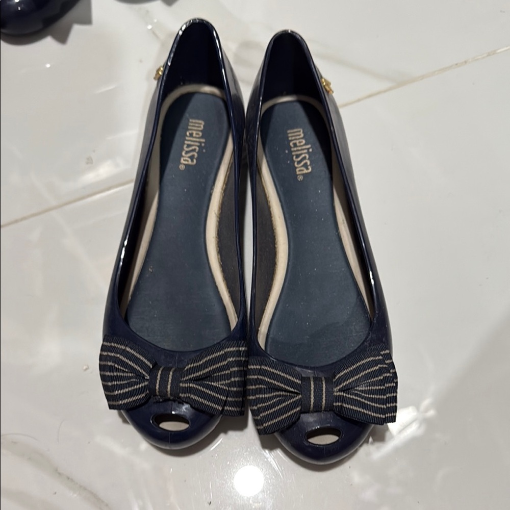 Melissa Blue Peep Toe Flats with Bow Detail